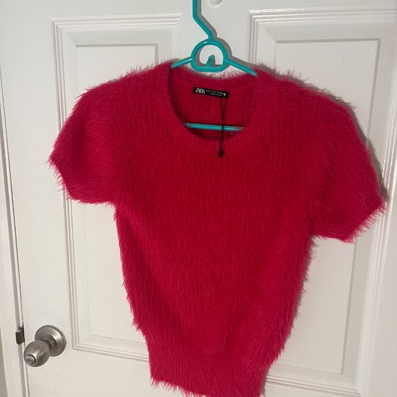 ZARA faux fur pink short sleeve cropped top - Picture 4 of 4